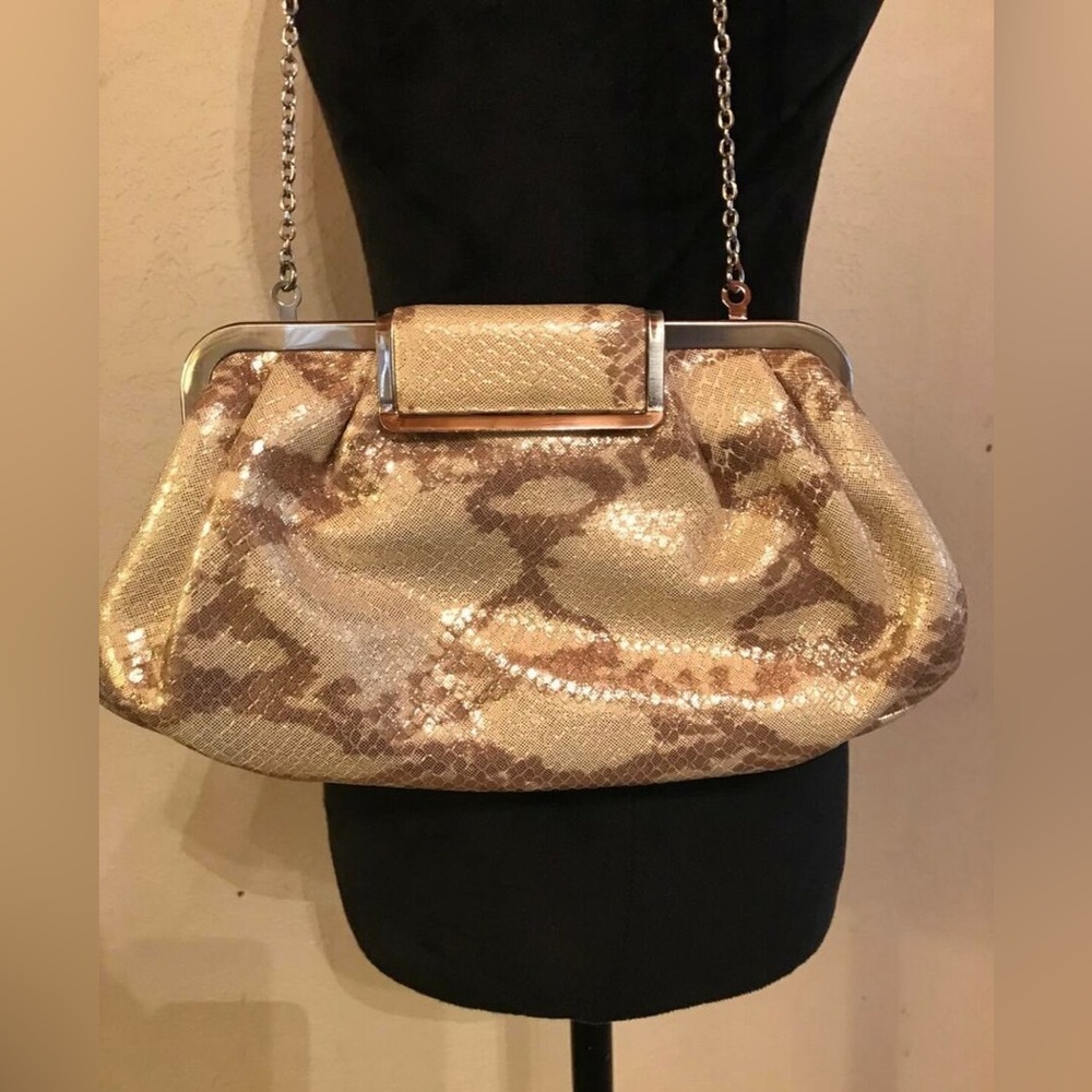 Annabel Ingall Leather Clutch, GOLD/BEIGE Snakeskin Print, w/ shoulder chain ✨